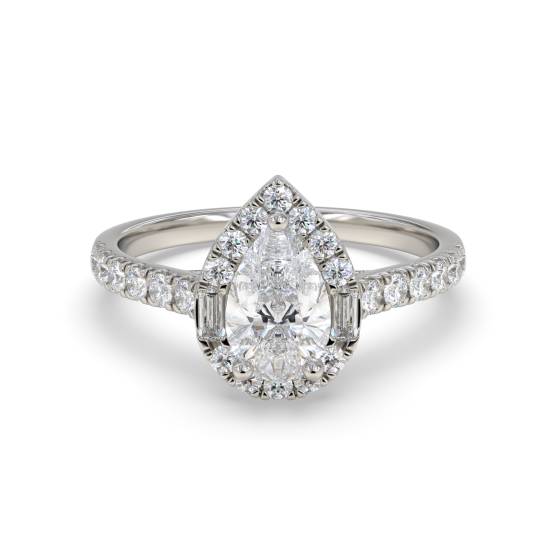 Ring mit 1,00 ct birnenförmigem Diamanten im Halo-Design, rundem und Baguette-Schliff an den Schultern