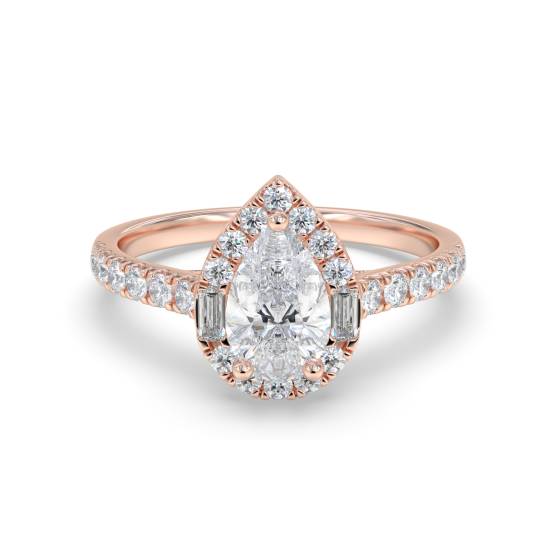 Ring mit 1,00 ct birnenförmigem Diamanten im Halo-Design, rundem und Baguette-Schliff an den Schultern