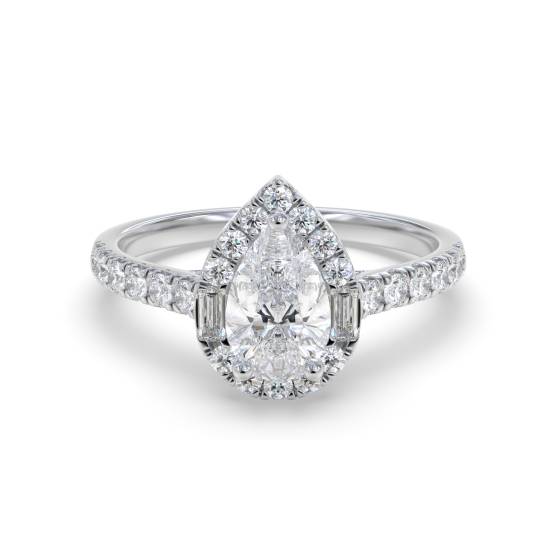 Ring mit 1,00 ct birnenförmigem Diamanten im Halo-Design, rundem und Baguette-Schliff an den Schultern