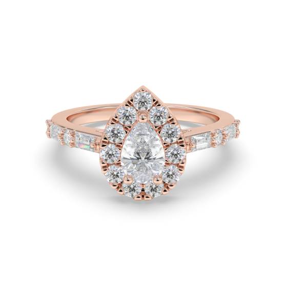 Ring mit 0,75 ct Birnen-Diamant-Halo, Baguette- und rundem Schulterschliff