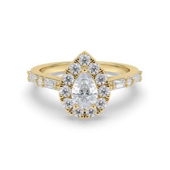 Ring mit 0,75 ct Birnen-Diamant-Halo, Baguette- und rundem Schulterschliff
