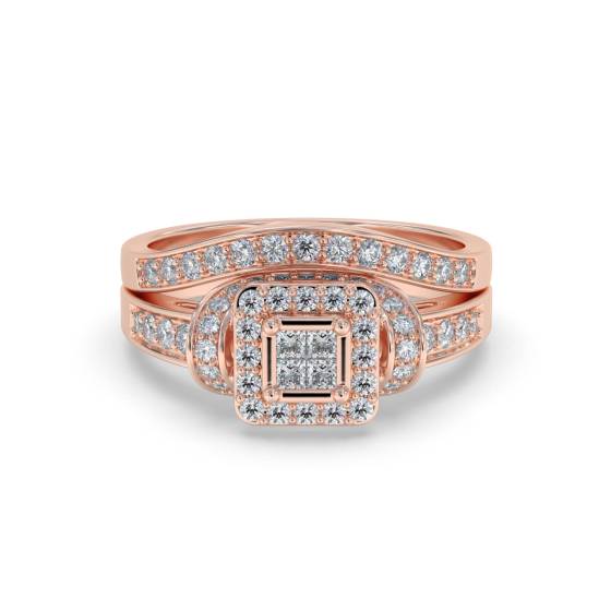 Brautset mit einzelnem Halo-Diamanten und rundem Cluster