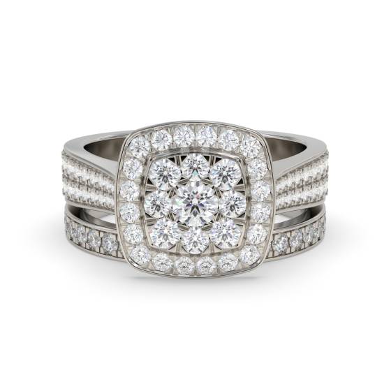 Brautset mit einzelnem Halo-Diamanten und rundem Cluster