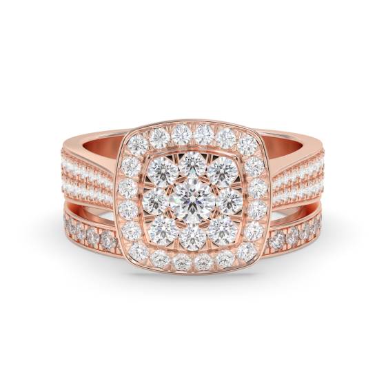 Brautset mit einzelnem Halo-Diamanten und rundem Cluster