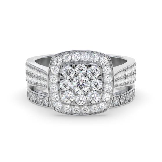 Brautset mit einzelnem Halo-Diamanten und rundem Cluster