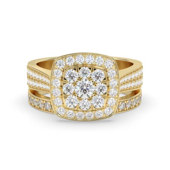 Brautset mit einzelnem Halo-Diamanten und rundem Cluster