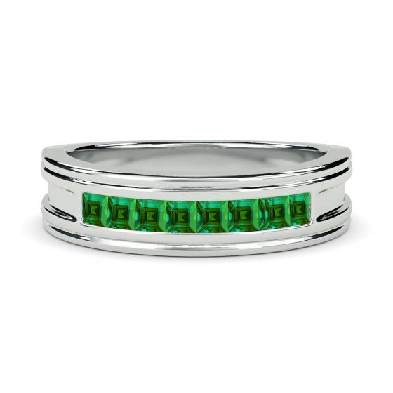 6 mm Herrenring mit grünem Smaragd im Prinzessschliff und Lünettenfassung