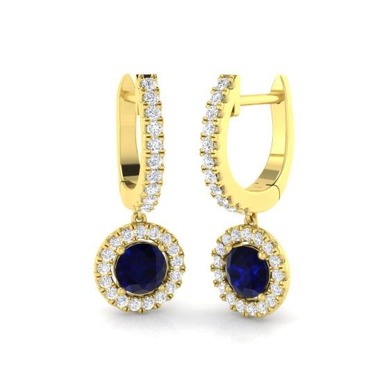 Runde blaue Saphir- und runde Diamant-Halo-Ohrhänger