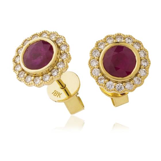 Ohrstecker mit rundem Rubin und Diamanten (1,50 ct) in Zargenfassung