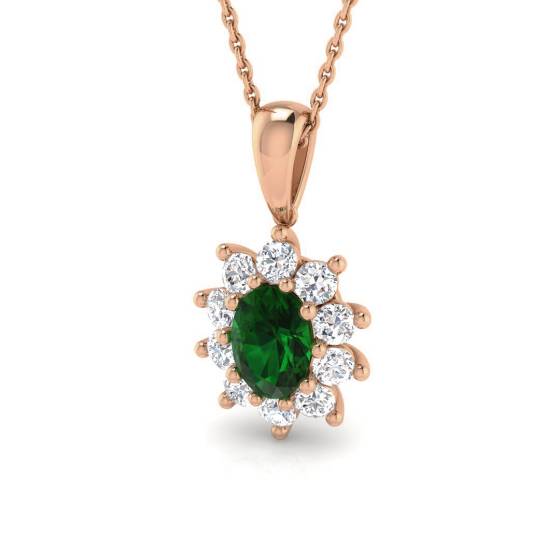 Ovaler Smaragdanhänger (1,40 ct, VS/E-F) mit rundem Diamant-Halo