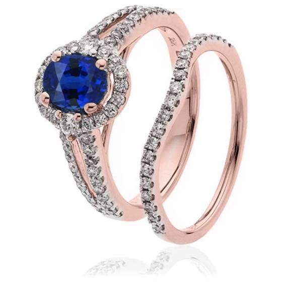 Brautring-Set mit 2,00 ct blauem Saphir und Diamanten