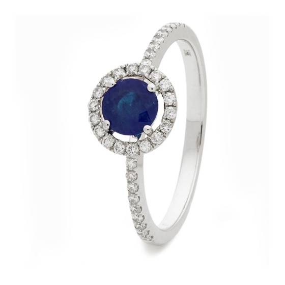 Ring mit blauem Saphir (0,80 ct) und Diamant-Halo