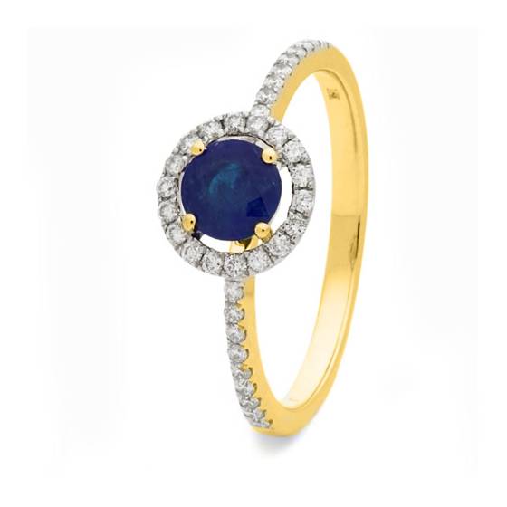 Ring mit blauem Saphir (0,80 ct) und Diamant-Halo