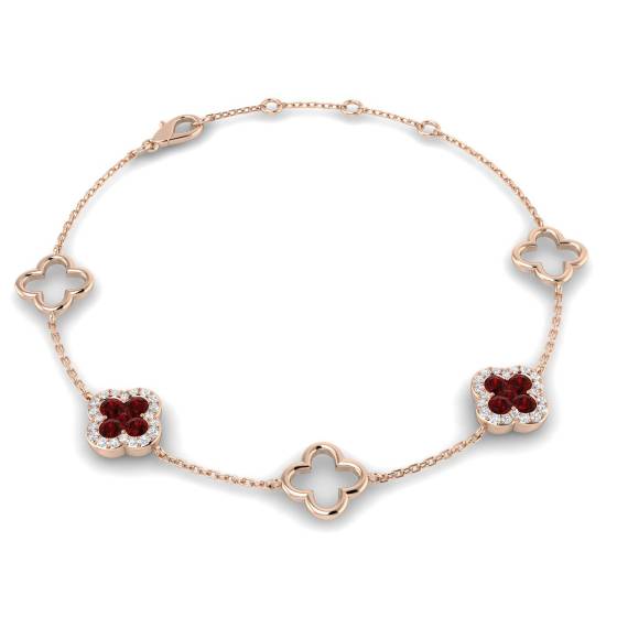 0,75 ct VS/E-F Designer-Armband im Kleeblatt-Stil mit rundem Rubin und Diamanten