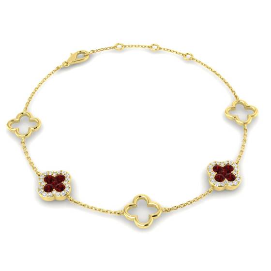0,75 ct VS/E-F Designer-Armband im Kleeblatt-Stil mit rundem Rubin und Diamanten