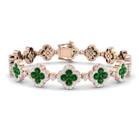 8,10 ct VS/E-F Designer-Armband im Kleeblatt-Stil mit rundem Smaragd und Diamanten