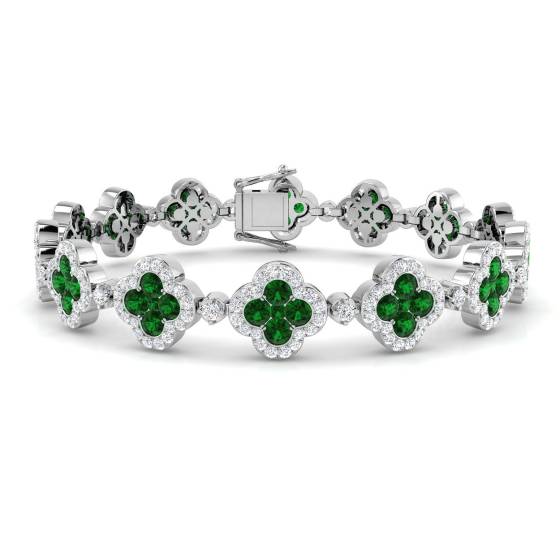 8,10 ct VS/E-F Designer-Armband im Kleeblatt-Stil mit rundem Smaragd und Diamanten