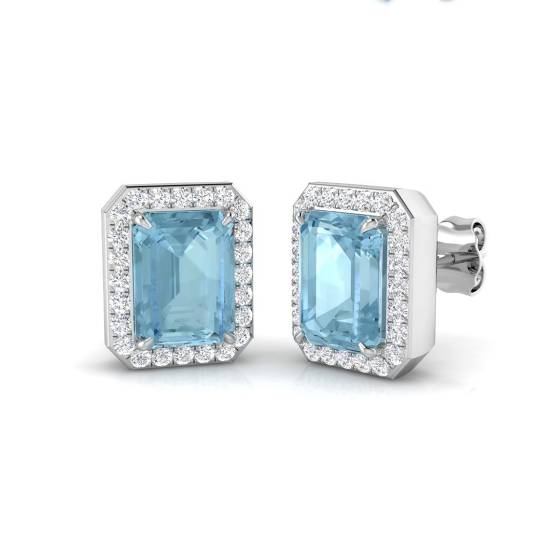Ohrringe mit Smaragdgrün, Aquamarin und Diamant-Halo