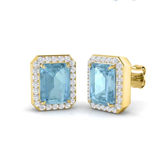 Ohrringe mit Smaragdgrün, Aquamarin und Diamant-Halo