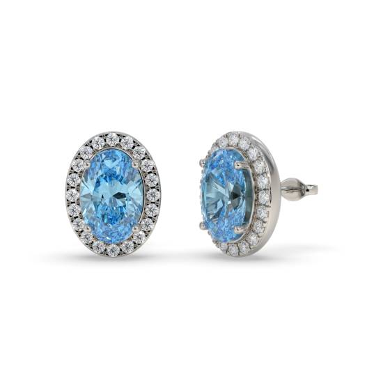 Ohrringe mit blauem Topas, ovalem und rundem Diamant-Halo