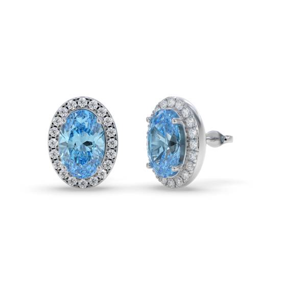 Ohrringe mit blauem Topas, ovalem und rundem Diamant-Halo