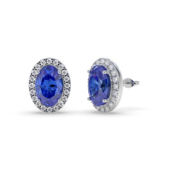 4,00 ct VS/E-F Ovale Tansanit- und runde Diamant-Halo-Ohrringe