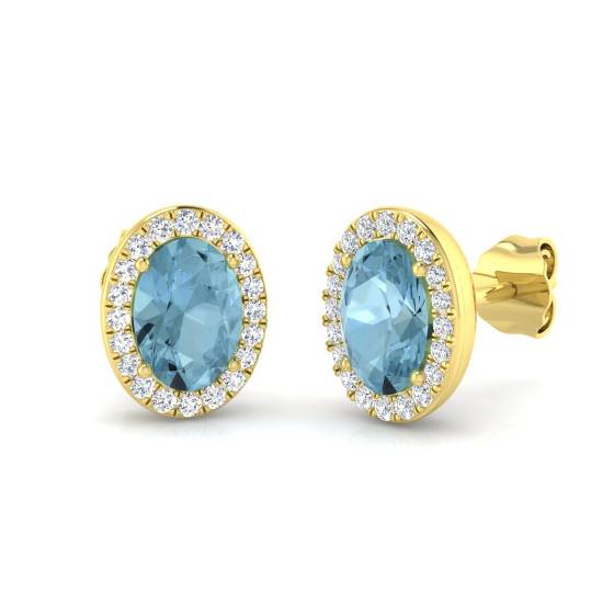 Ovale Aquamarin- und runde Diamant-Halo-Ohrringe