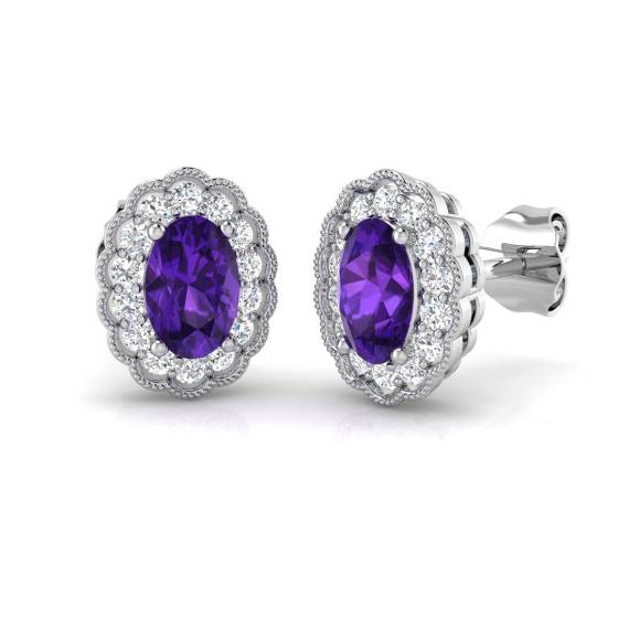 Ohrringe mit ovalem Amethyst und rundem Diamant-Halo