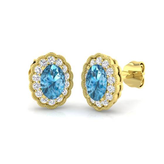 Ohrringe mit blauem Topas, ovalem und rundem Diamant-Halo