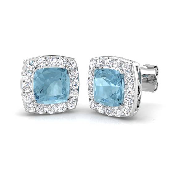 Kissenförmige Aquamarin- und runde Diamant-Halo-Ohrringe