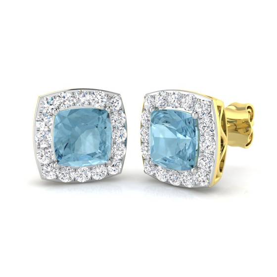 Kissenförmige Aquamarin- und runde Diamant-Halo-Ohrringe