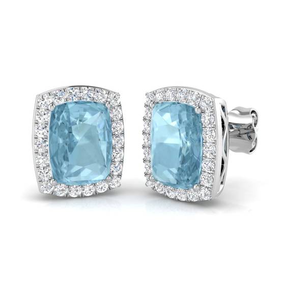 Kissenförmige Aquamarin- und runde Diamant-Halo-Ohrringe