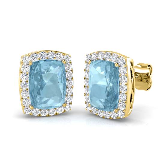 Kissenförmige Aquamarin- und runde Diamant-Halo-Ohrringe