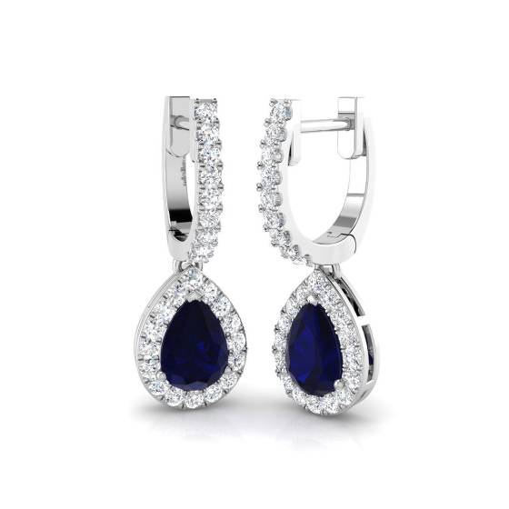 Tropfenohrringe mit birnenförmigem Saphir und rundem Diamant-Halo