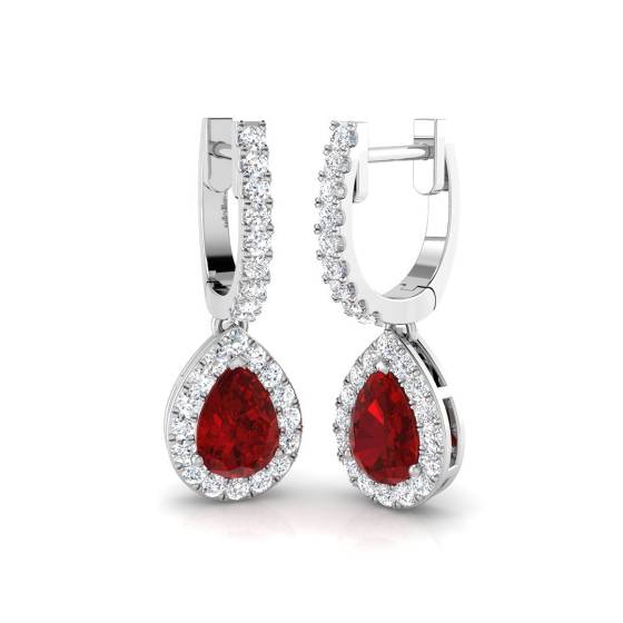 Tropfenohrringe mit birnenförmigem Rubin und rundem Diamant-Halo