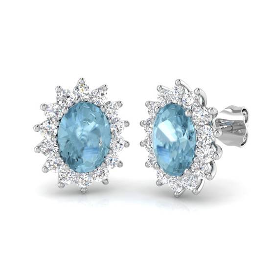 Ovale Aquamarin- und runde Diamant-Halo-Ohrringe