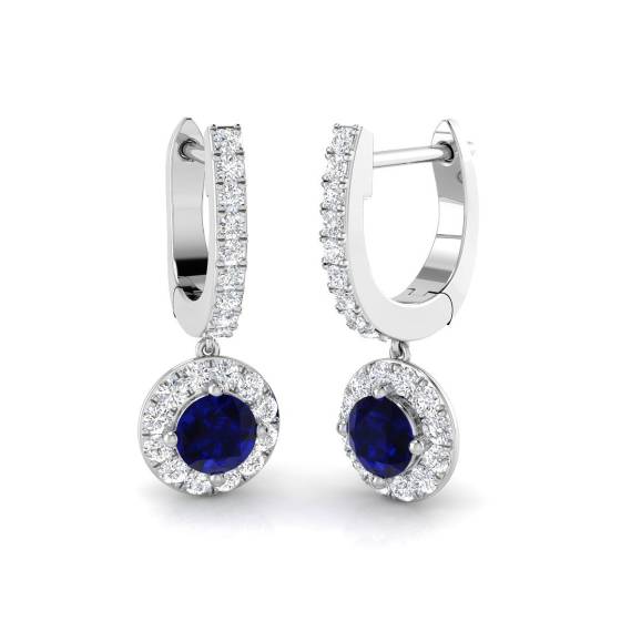 Runde blaue Saphir- und runde Diamant-Halo-Ohrhänger