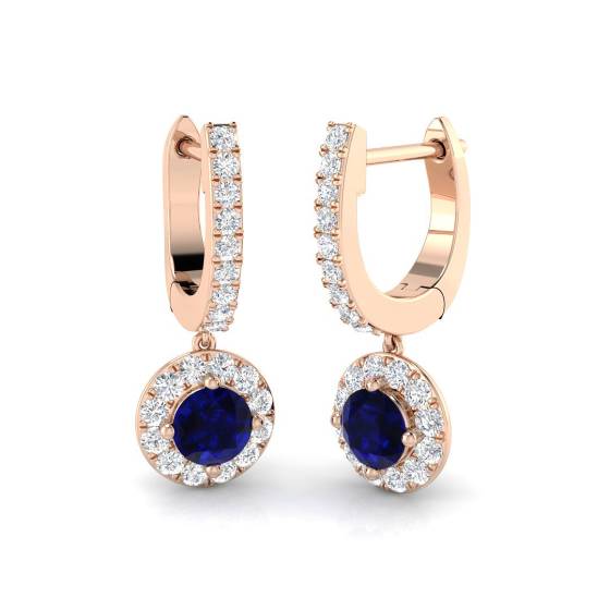 Runde blaue Saphir- und runde Diamant-Halo-Ohrhänger