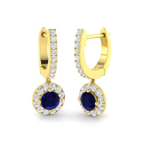 Runde blaue Saphir- und runde Diamant-Halo-Ohrhänger