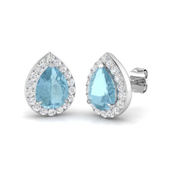 Birnenförmige Aquamarin- und runde Diamant-Halo-Ohrringe