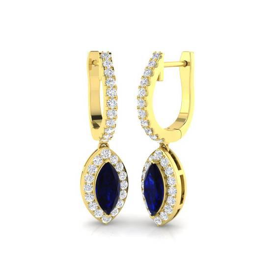 Ohrhänger mit blauem Saphir im Marquise-Schliff und rundem Diamant-Halo