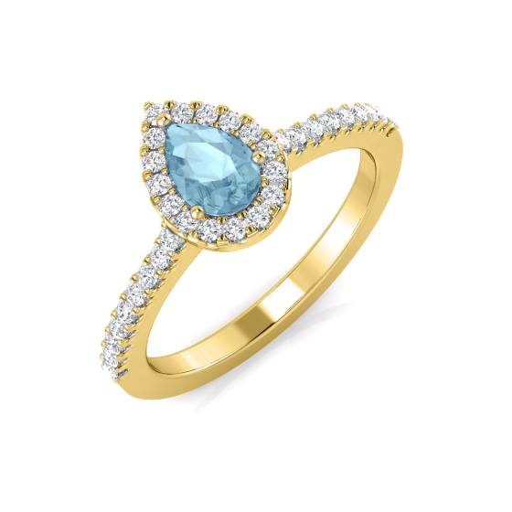 Birnenförmiger Aquamarin und runder Diamant-Halo-Schulterring