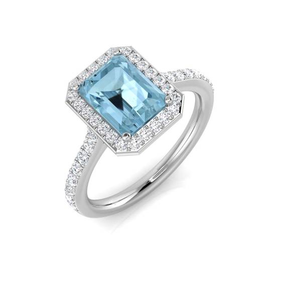 Ring mit Smaragdgrün, Aquamarin und rundem Diamanten im Halo-Design