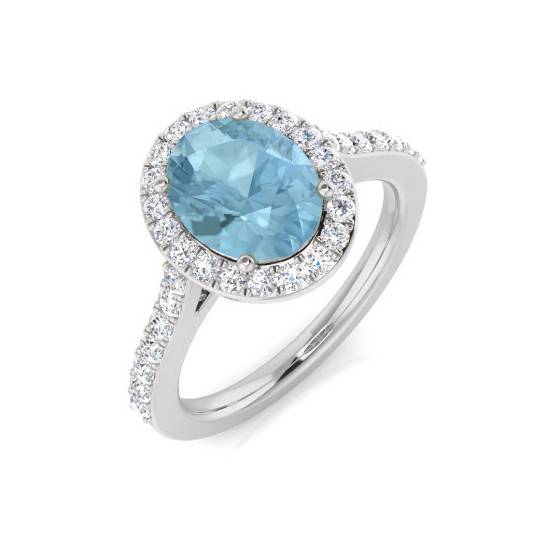 Ovaler Aquamarin- und runder Diamant-Halo-Schulterring
