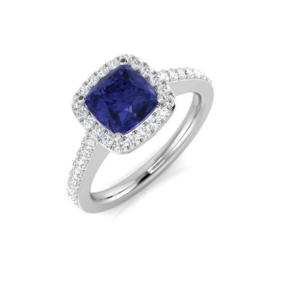 Ring mit 3,20 ct VS/E-F Kissenförmigem, blauem Tansanit und runden Diamanten im Halo-Schulter-Design