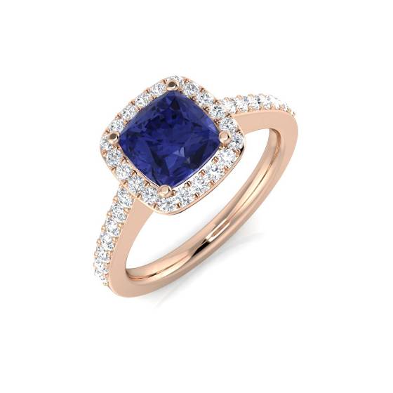 Ring mit 3,20 ct VS/E-F Kissenförmigem, blauem Tansanit und runden Diamanten im Halo-Schulter-Design