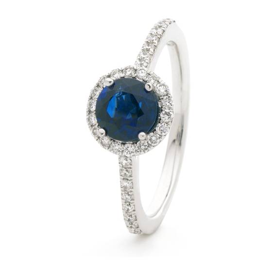 Ring mit blauem Saphir (1,30 ct) und Diamant-Halo