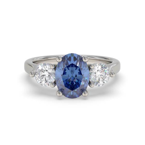 0,70 ct ovaler blauer Saphir und Diamant-Trilogie-Ring