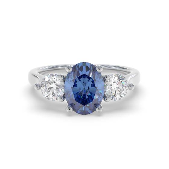 0,70 ct ovaler blauer Saphir und Diamant-Trilogie-Ring