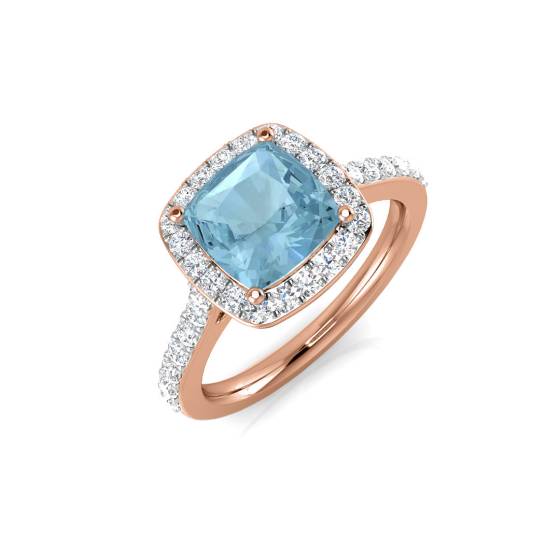 Kissenförmiger Aquamarin und runder Diamant-Halo-Schulterring